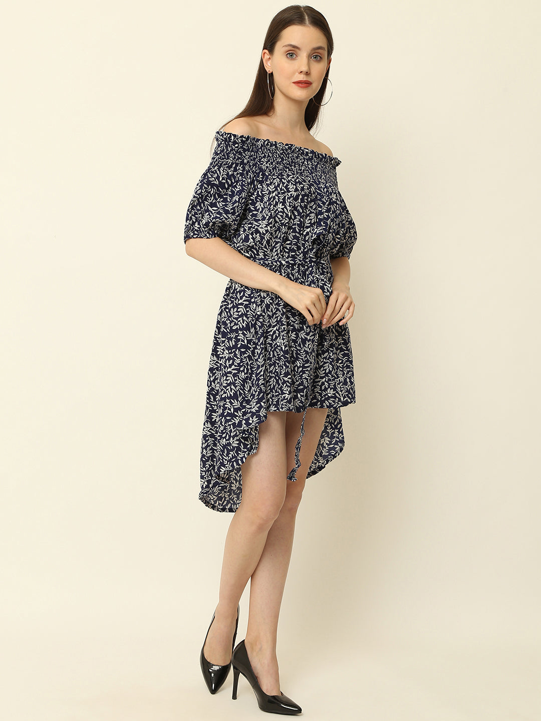 Blue Leaves Printed Off Shoulder High Low One Piece Dress