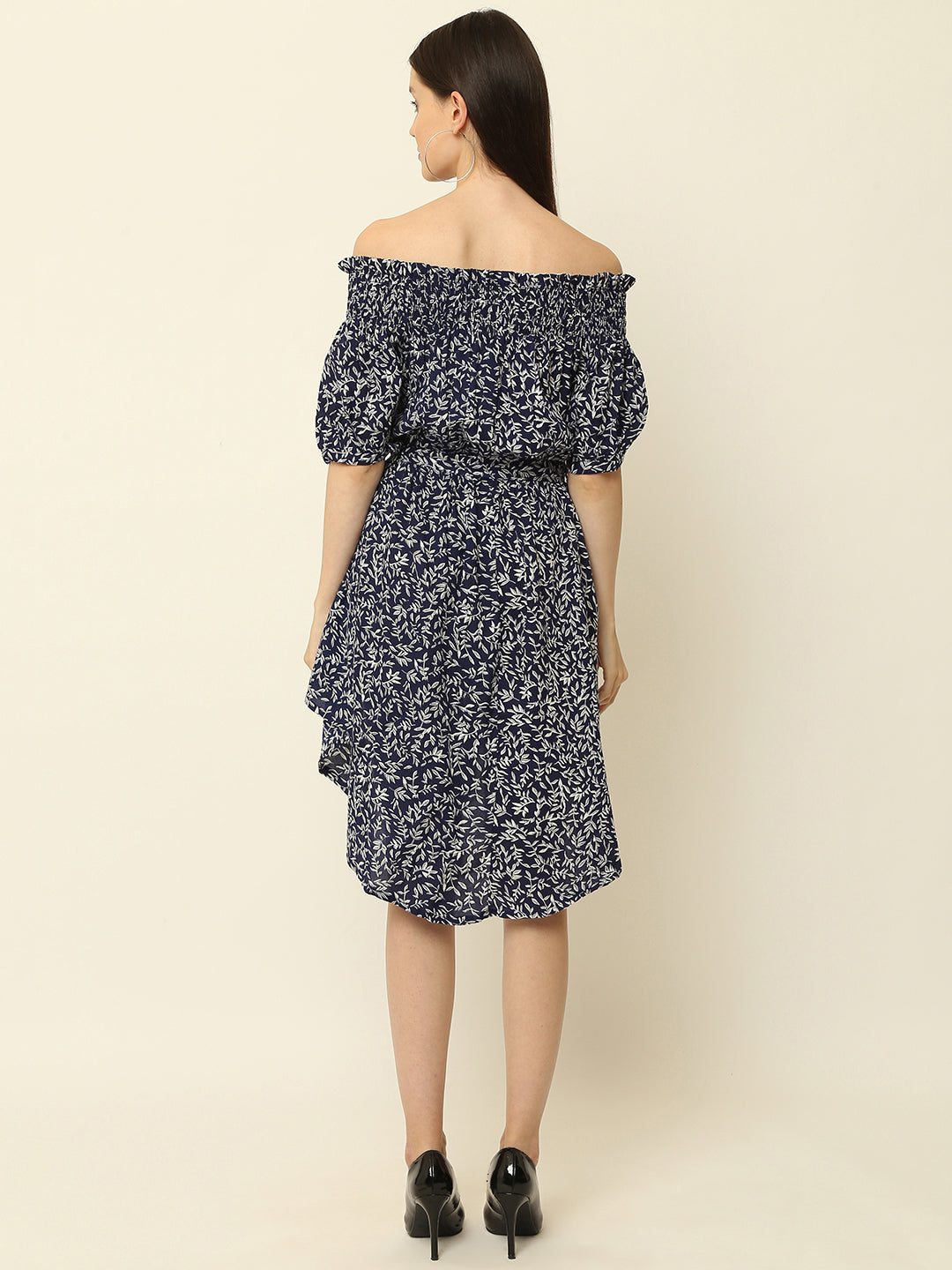 Blue Leaves Printed Off Shoulder High Low One Piece Dress