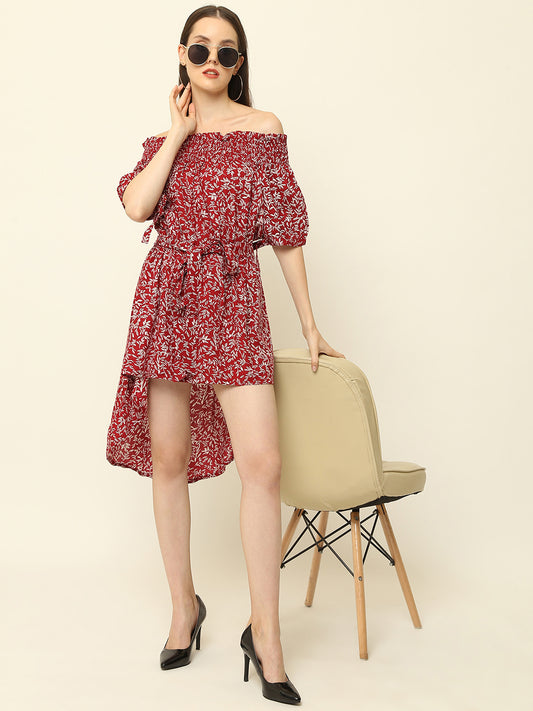 Maroon Leaves Printed Off Shoulder High Low One Piece Dress