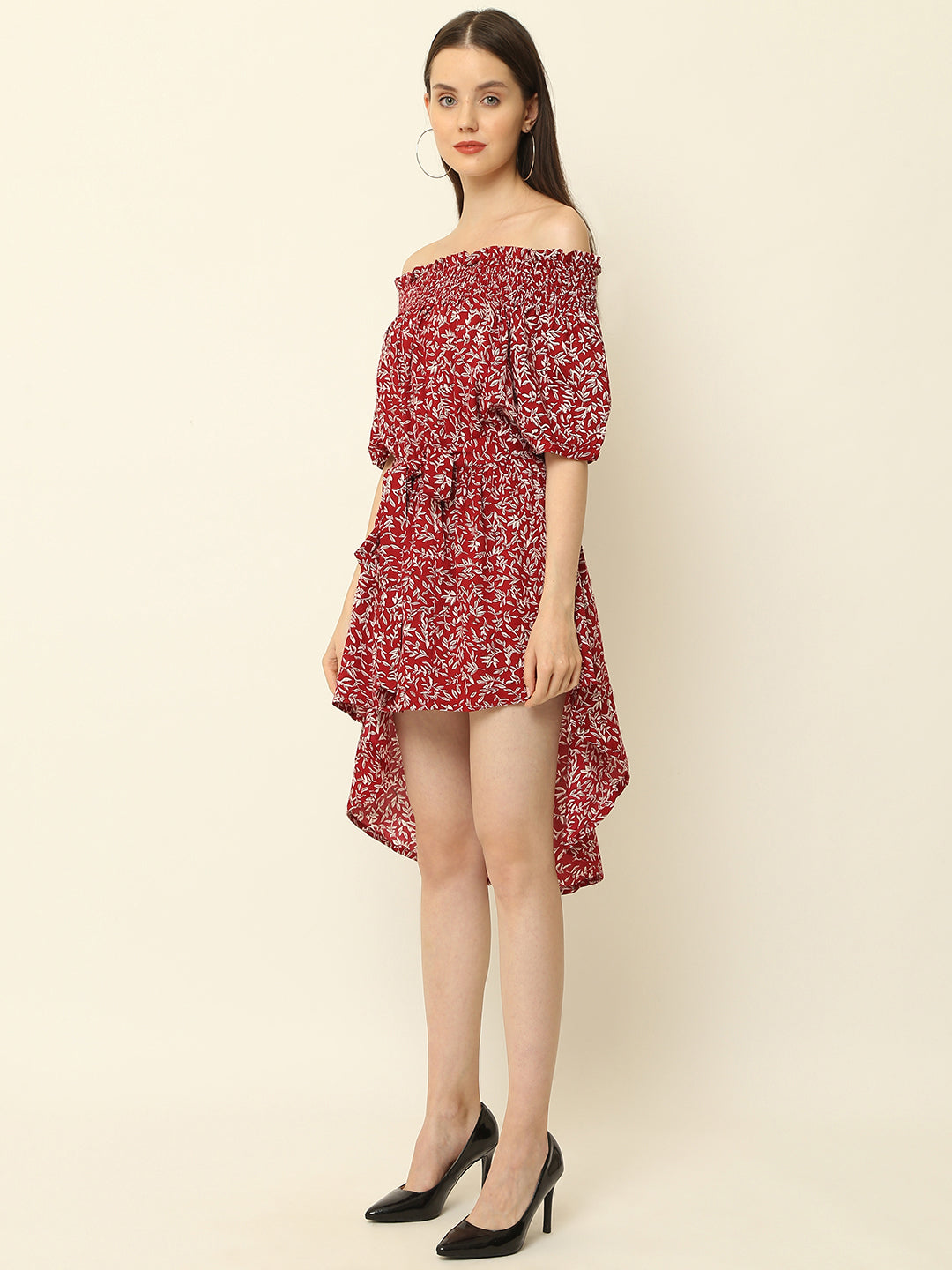 Maroon Leaves Printed Off Shoulder High Low One Piece Dress