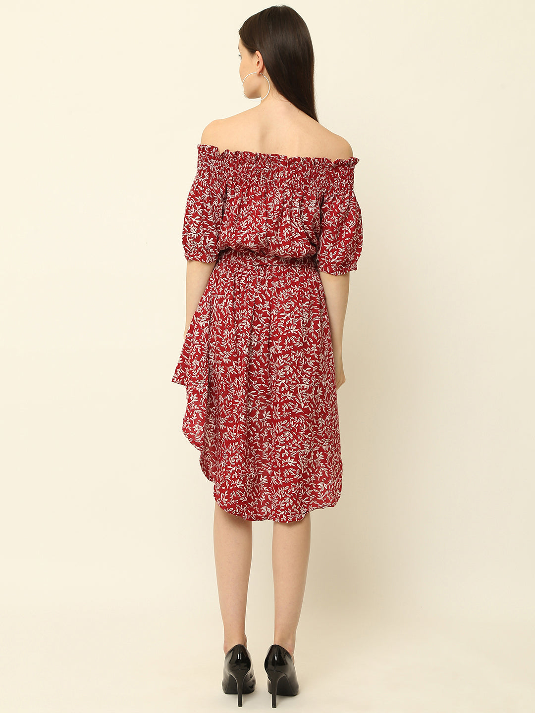 Maroon Leaves Printed Off Shoulder High Low One Piece Dress