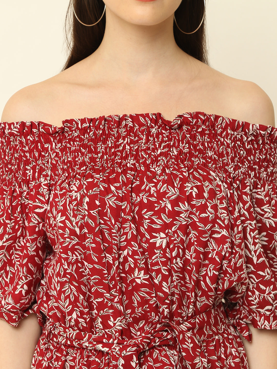 Maroon Leaves Printed Off Shoulder High Low One Piece Dress