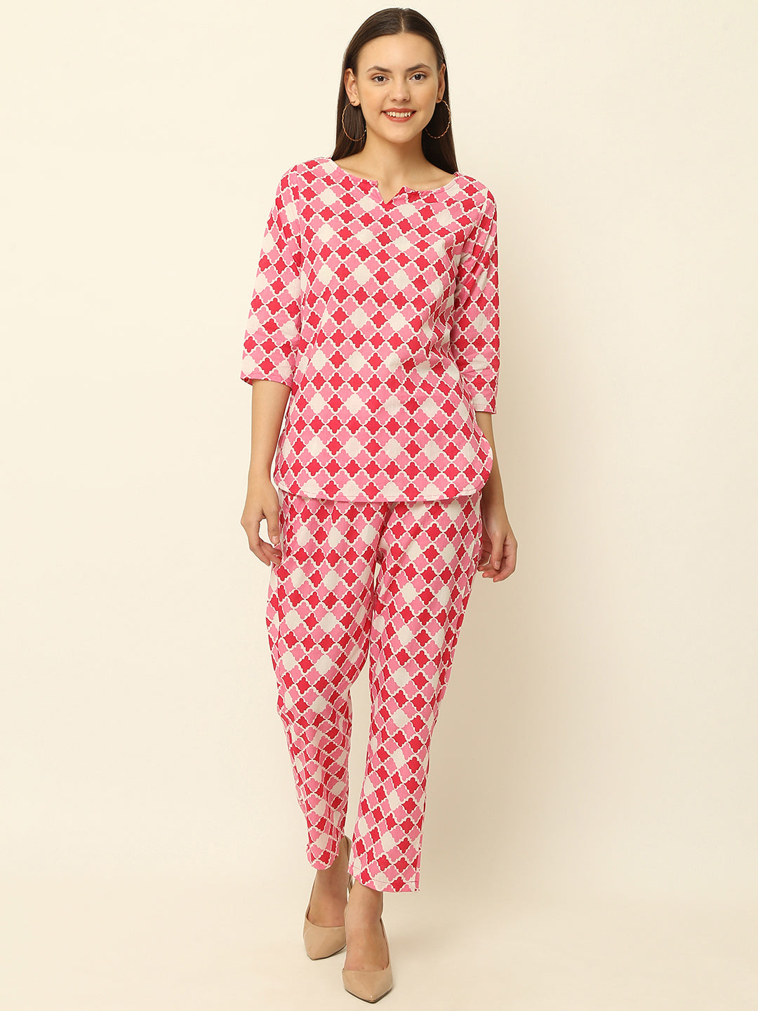 Pink Abstract Printed Cotton Co-Ord Set