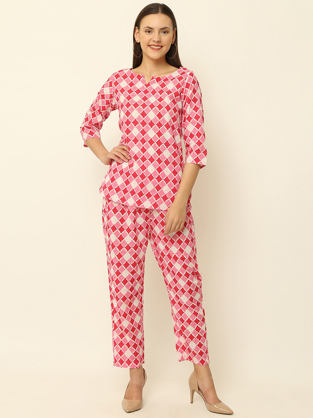 Pink Abstract Printed Cotton Co-Ord Set