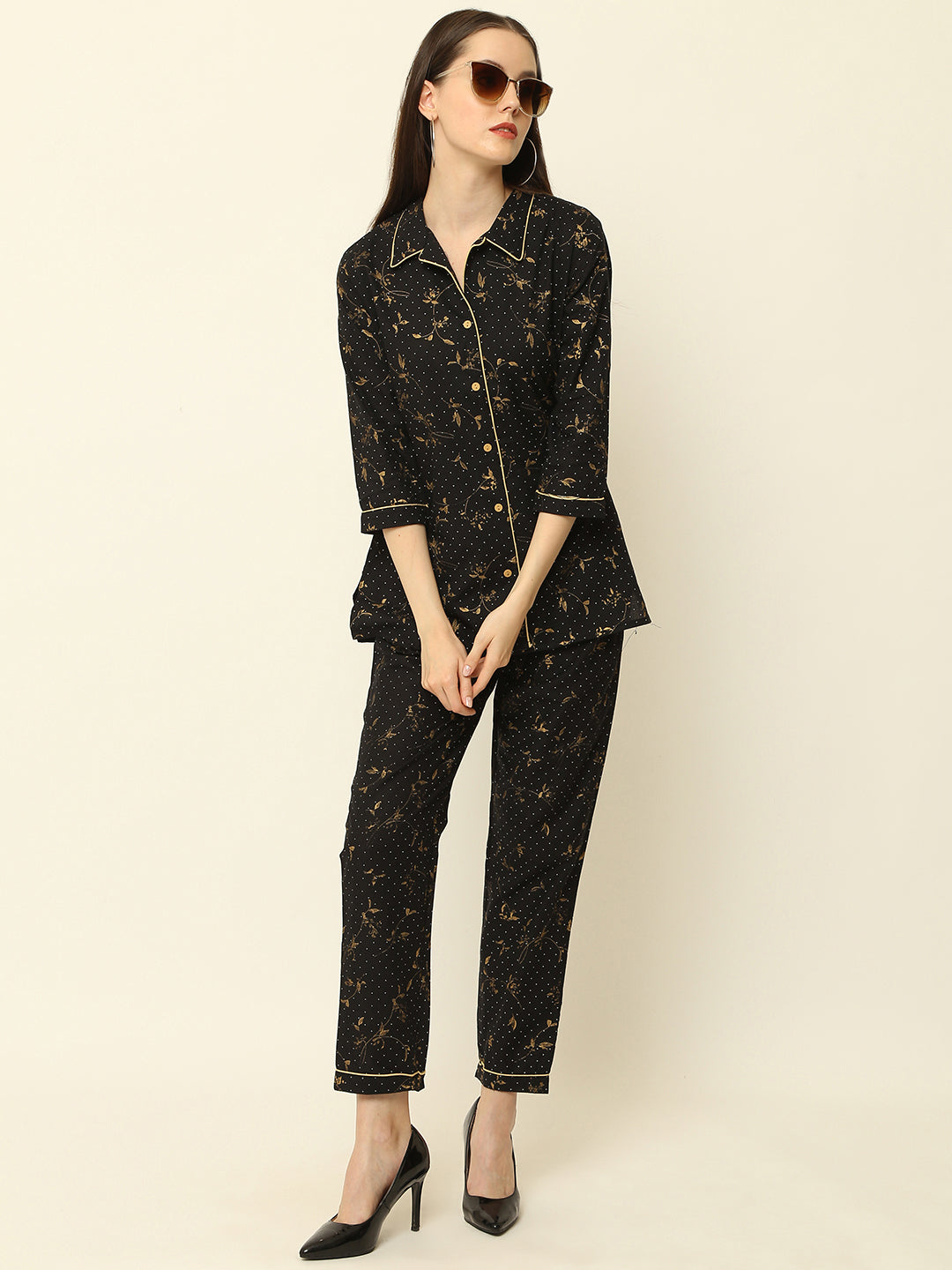 Black Floral Gold Printed Cotton Night Suit