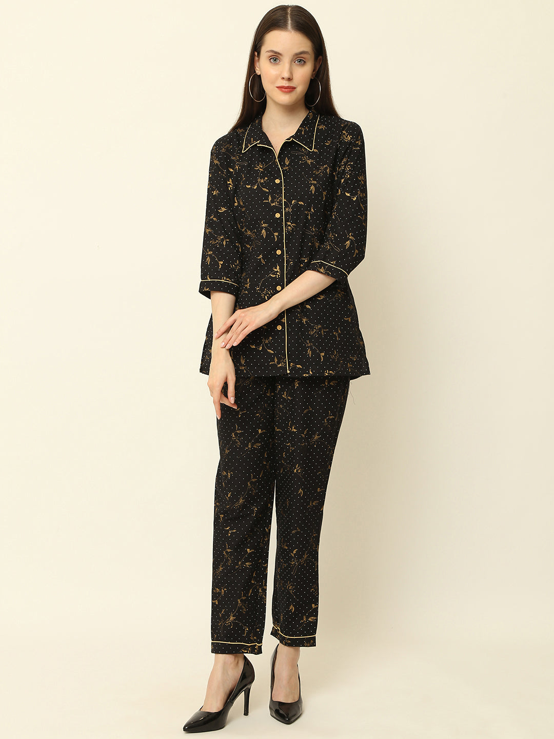 Black Floral Gold Printed Cotton Night Suit