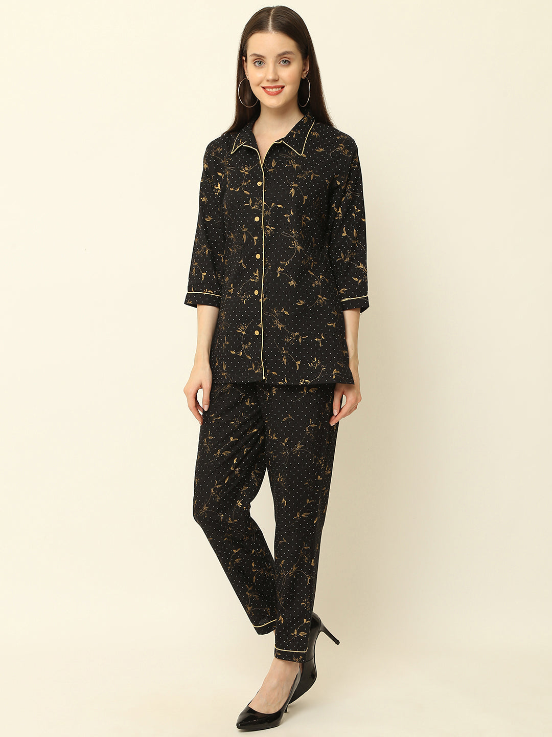 Black Floral Gold Printed Cotton Night Suit