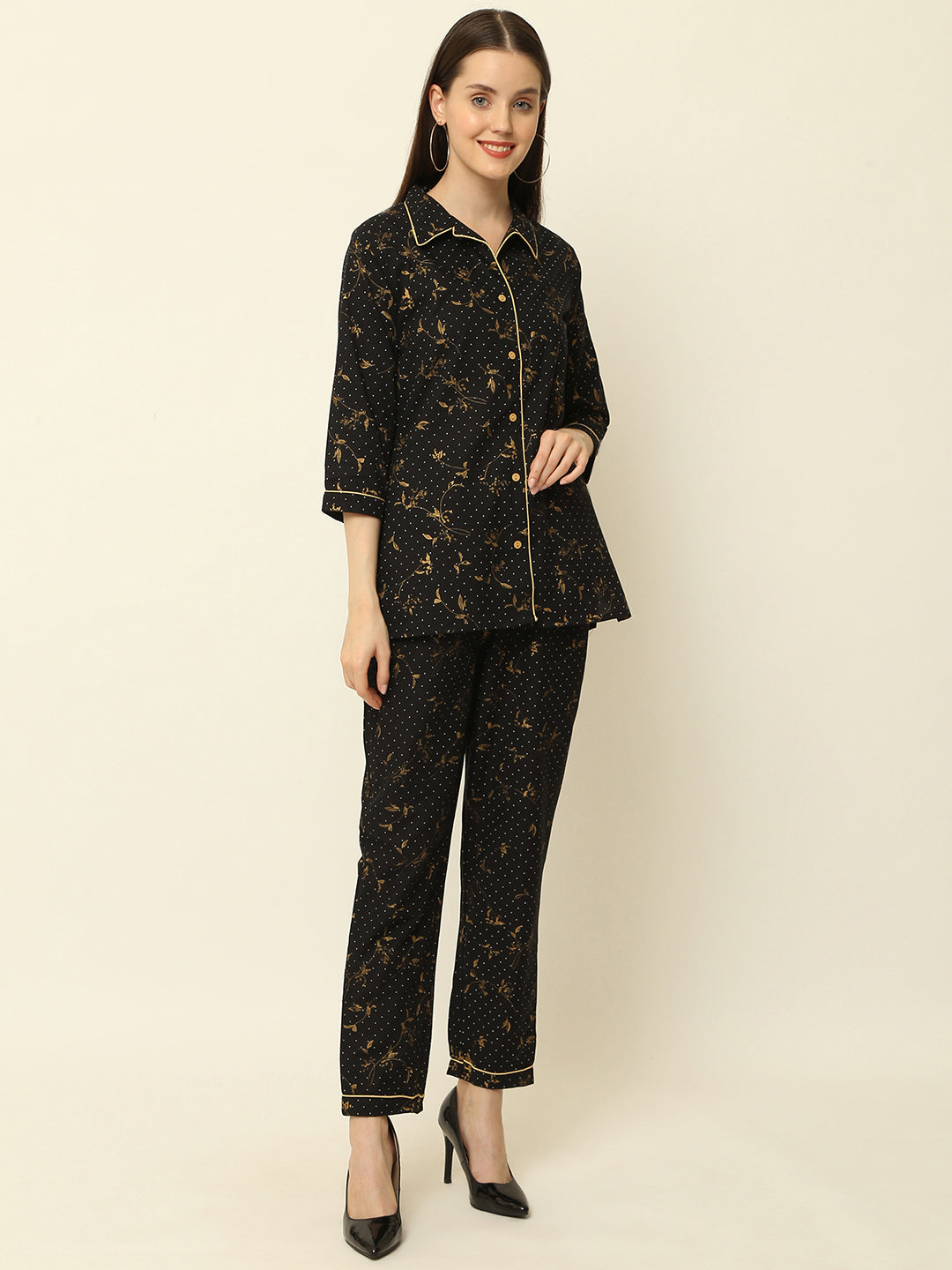 Black Floral Gold Printed Cotton Night Suit
