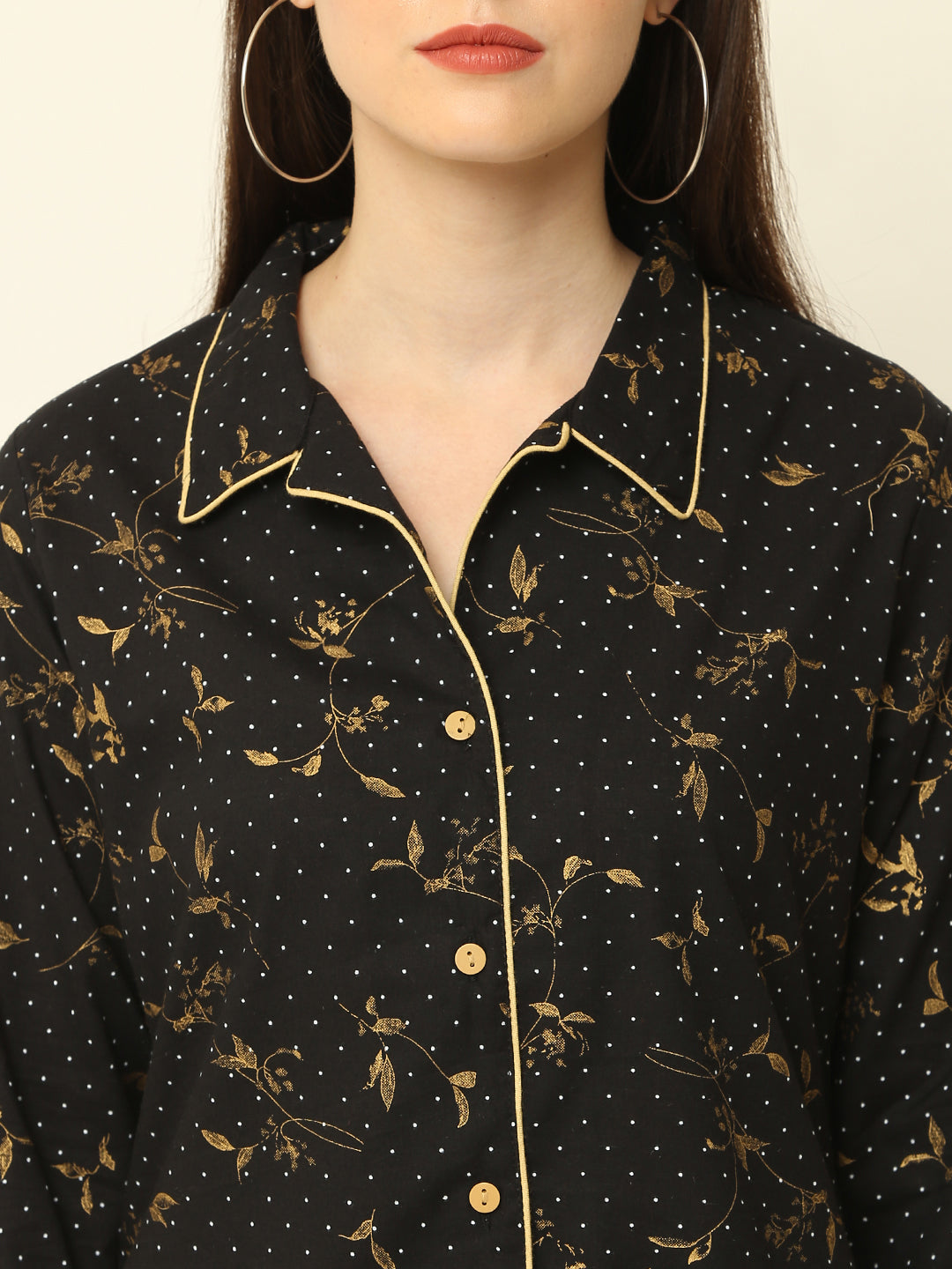 Black Floral Gold Printed Cotton Night Suit