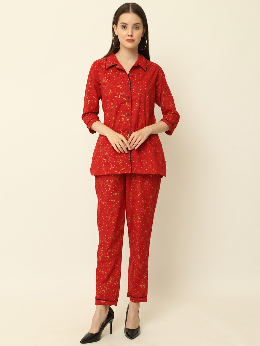 Maroon Floral Gold Printed Cotton Night Suit
