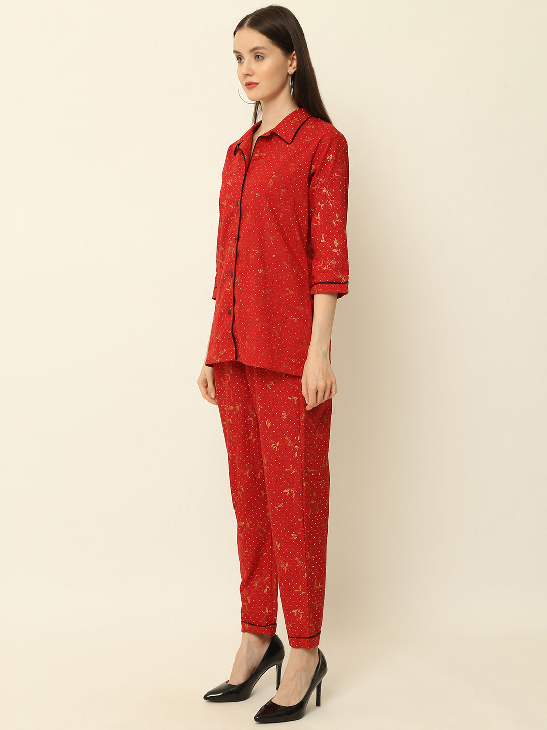 Maroon Floral Gold Printed Cotton Night Suit