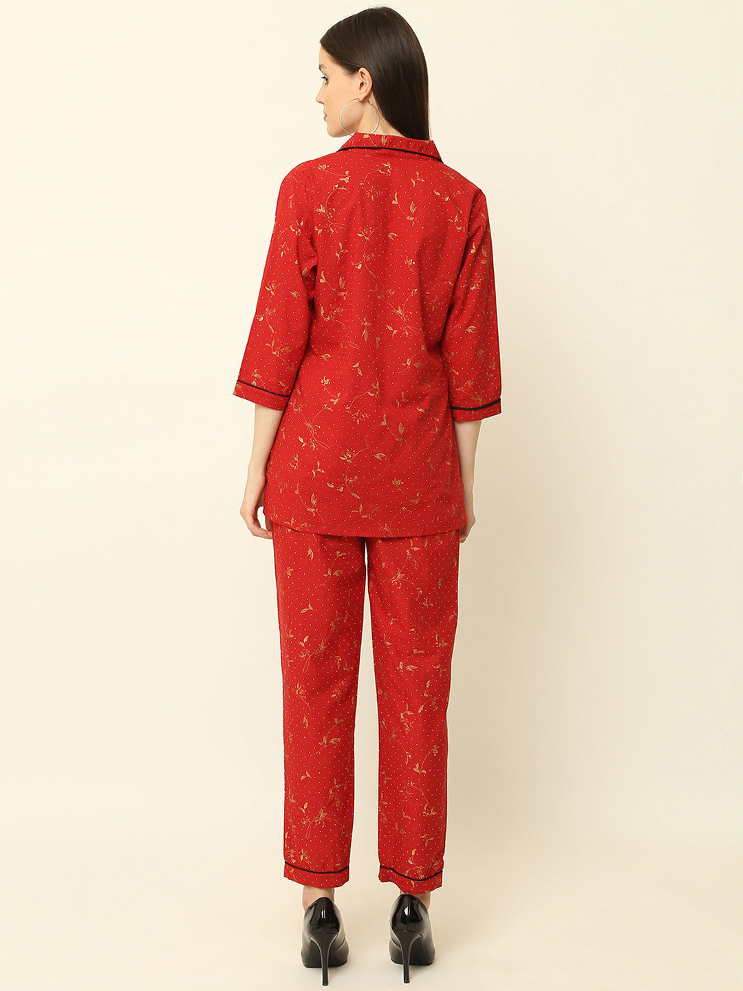 Maroon Floral Gold Printed Cotton Night Suit