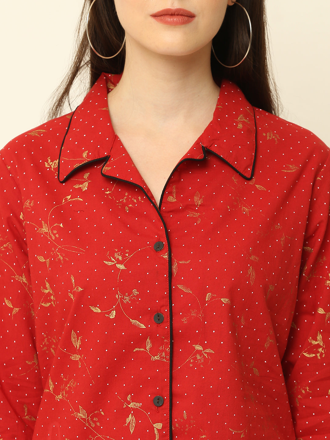 Maroon Floral Gold Printed Cotton Night Suit