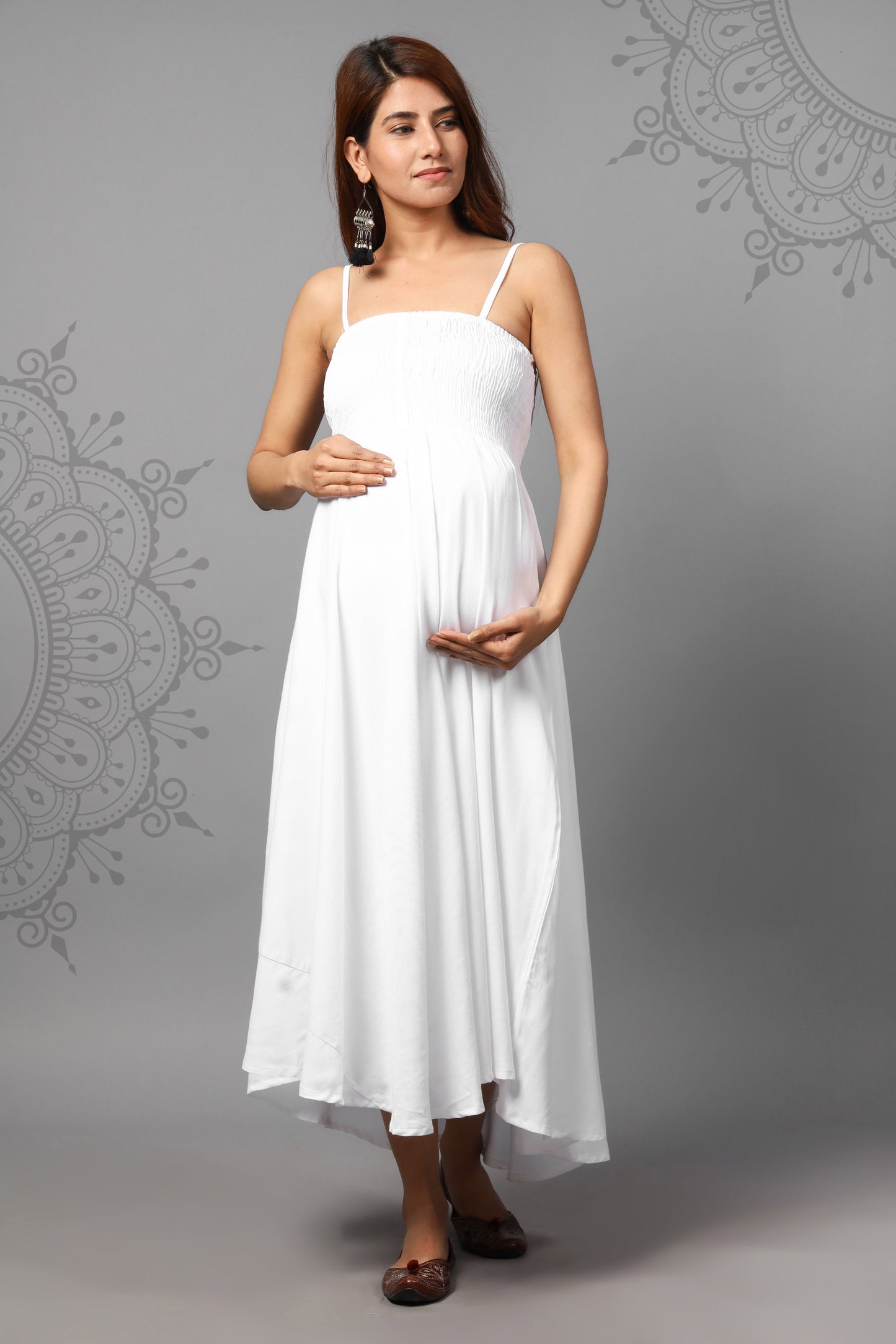 Solid White Color Shoulder Straps Maternity Gown