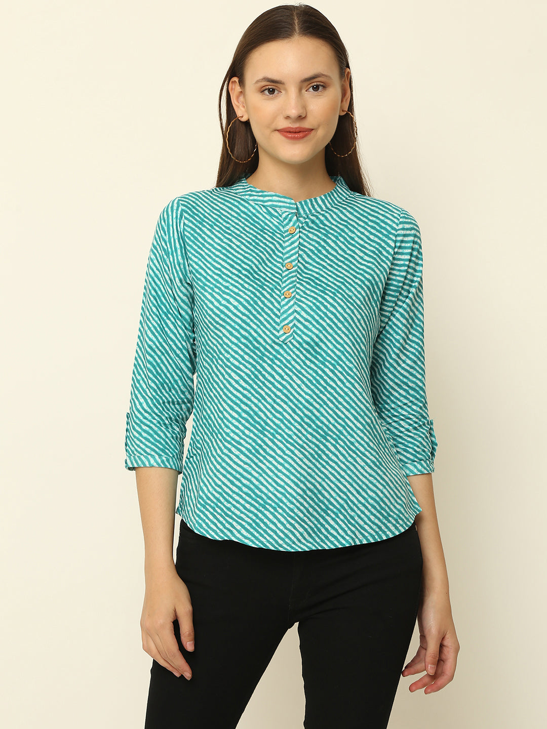 Sea Green Lahariya Printed 3/4th Sleeve Casual Top