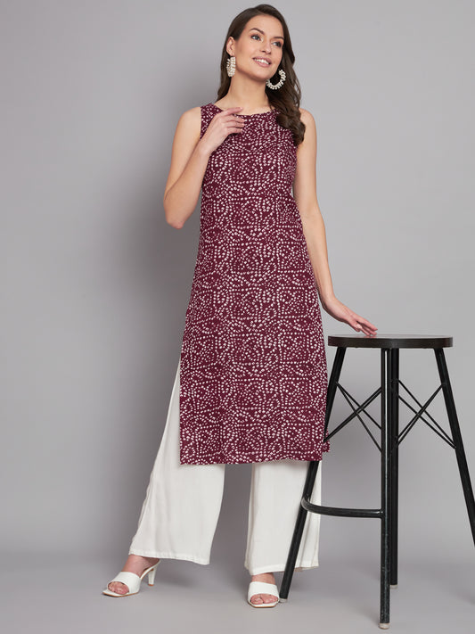 Wine Bandhej Printed Boat Neck Sleeve less kurta