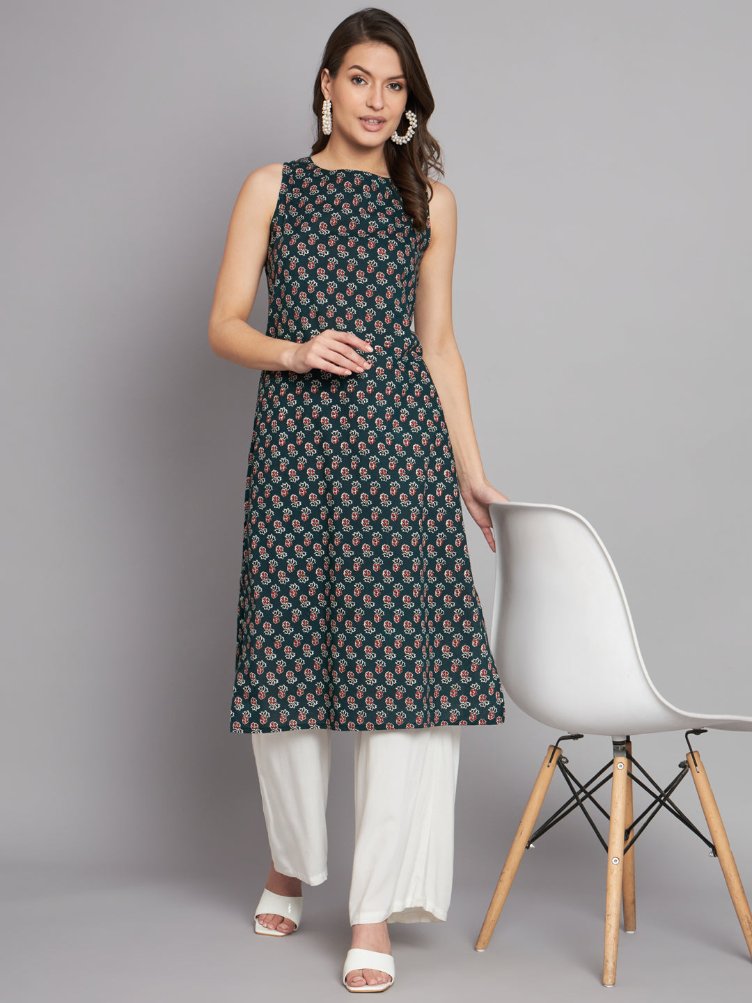 Boat Neck Booti Printed Dark Olive Cotton Sleeve less kurta