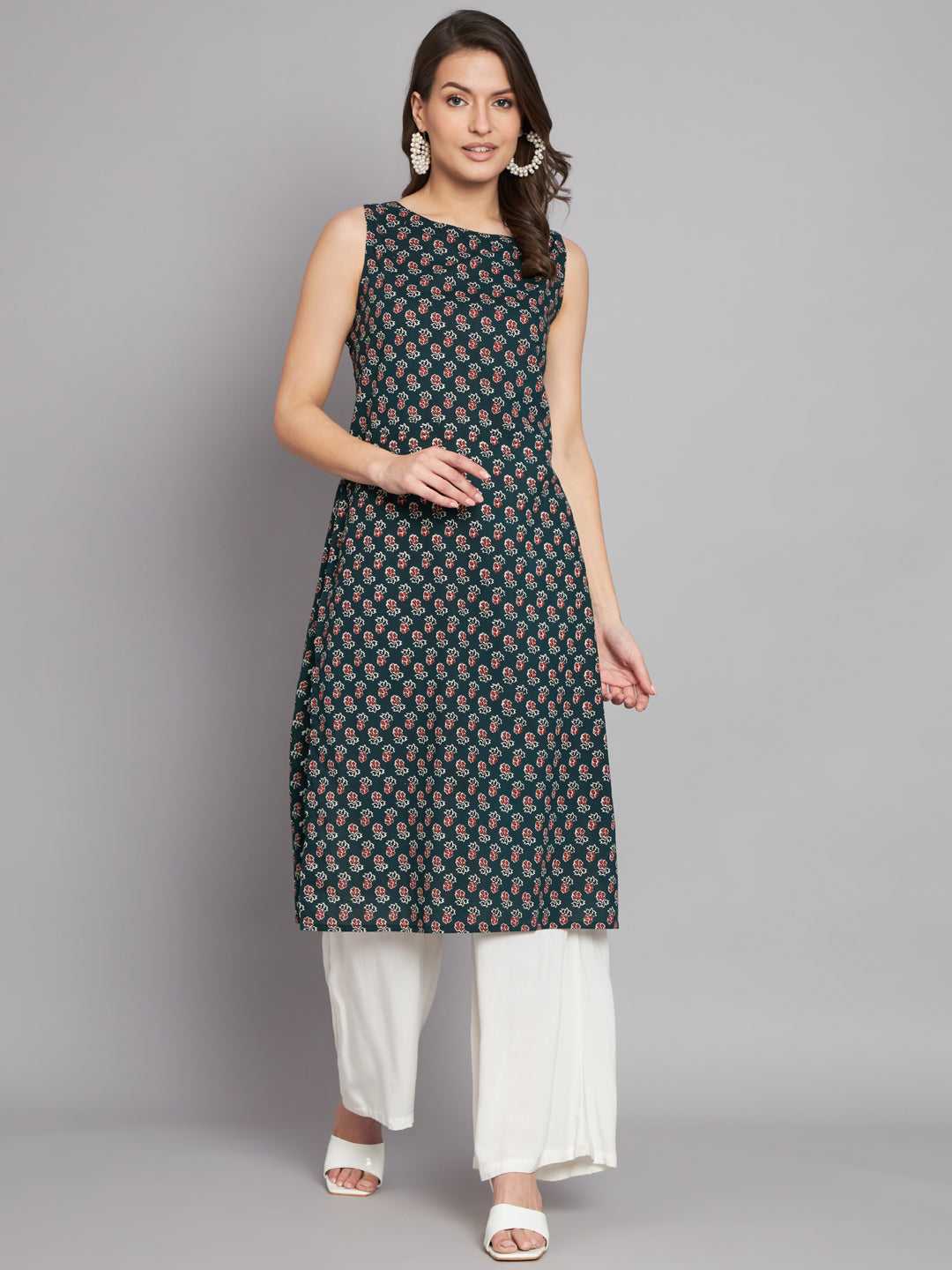 Boat Neck Booti Printed Dark Olive Cotton Sleeve less kurta