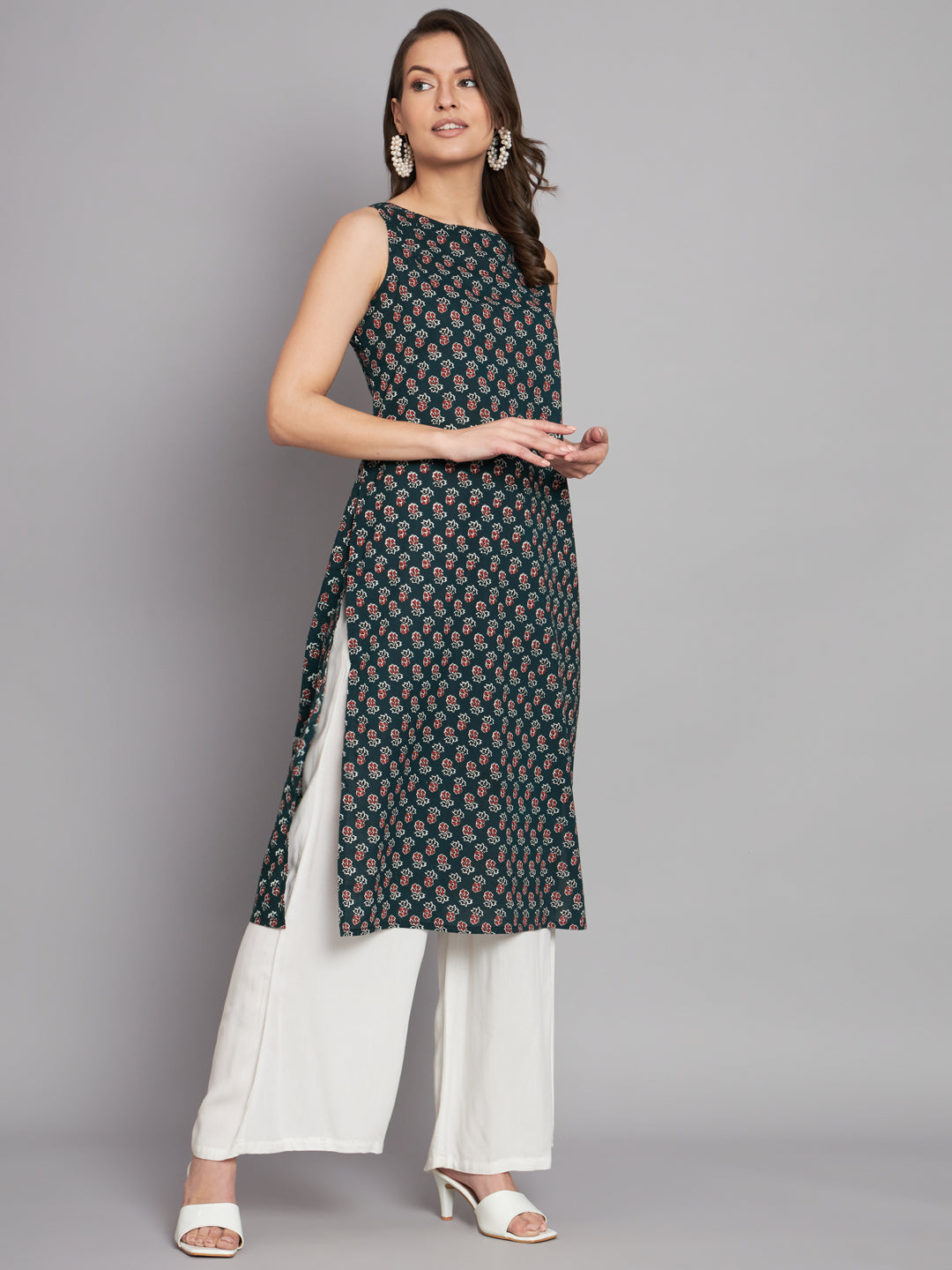 Boat Neck Booti Printed Dark Olive Cotton Sleeve less kurta