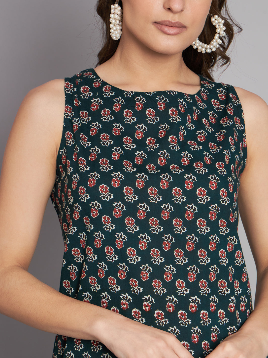 Boat Neck Booti Printed Dark Olive Cotton Sleeve less kurta