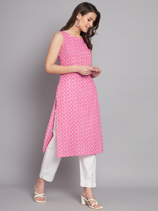 Boat Neck Booti Printed Pink Sleeve less kurta