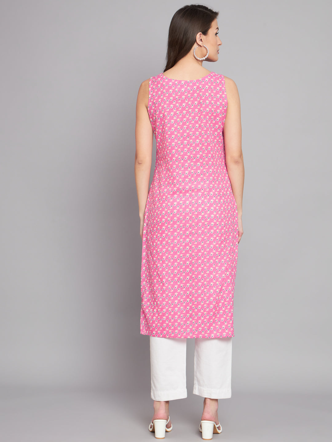 Boat Neck Booti Printed Pink Sleeve less kurta