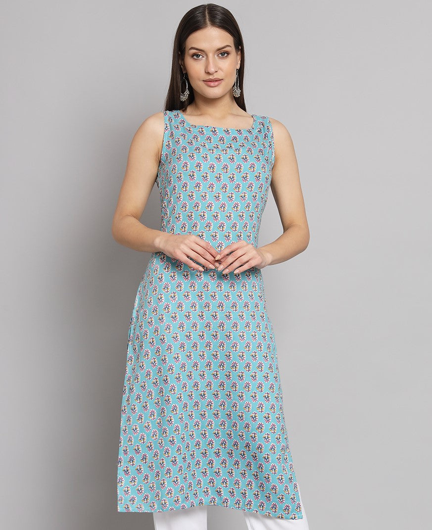 Boat Neck Booti Printed Sleeve less kurta