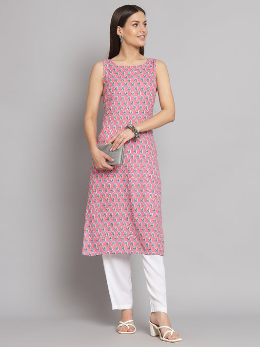 Boat Neck Booti Printed Sleeve less kurta