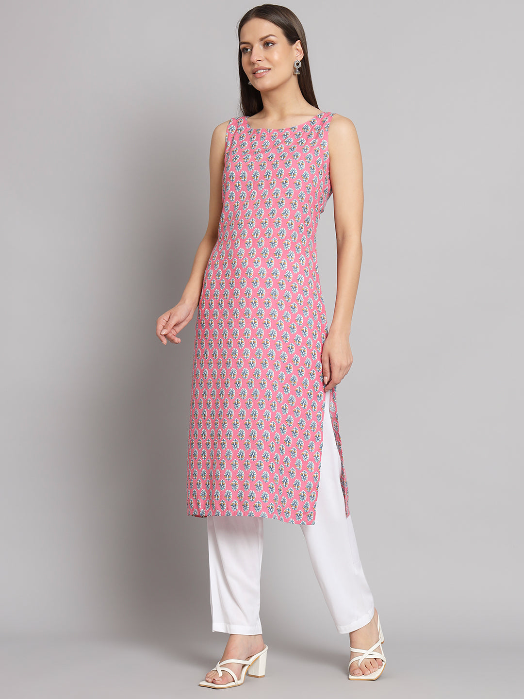 Boat Neck Booti Printed Sleeve less kurta