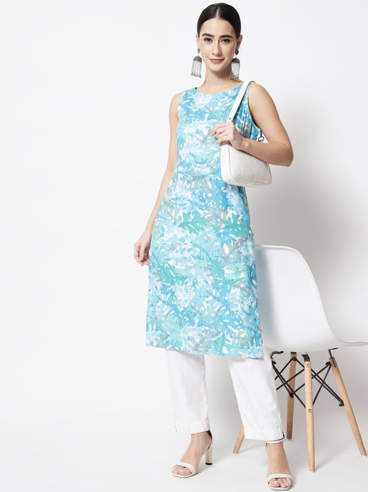 Boat Neck Sky Blue Flower Printed Sleeve less kurta