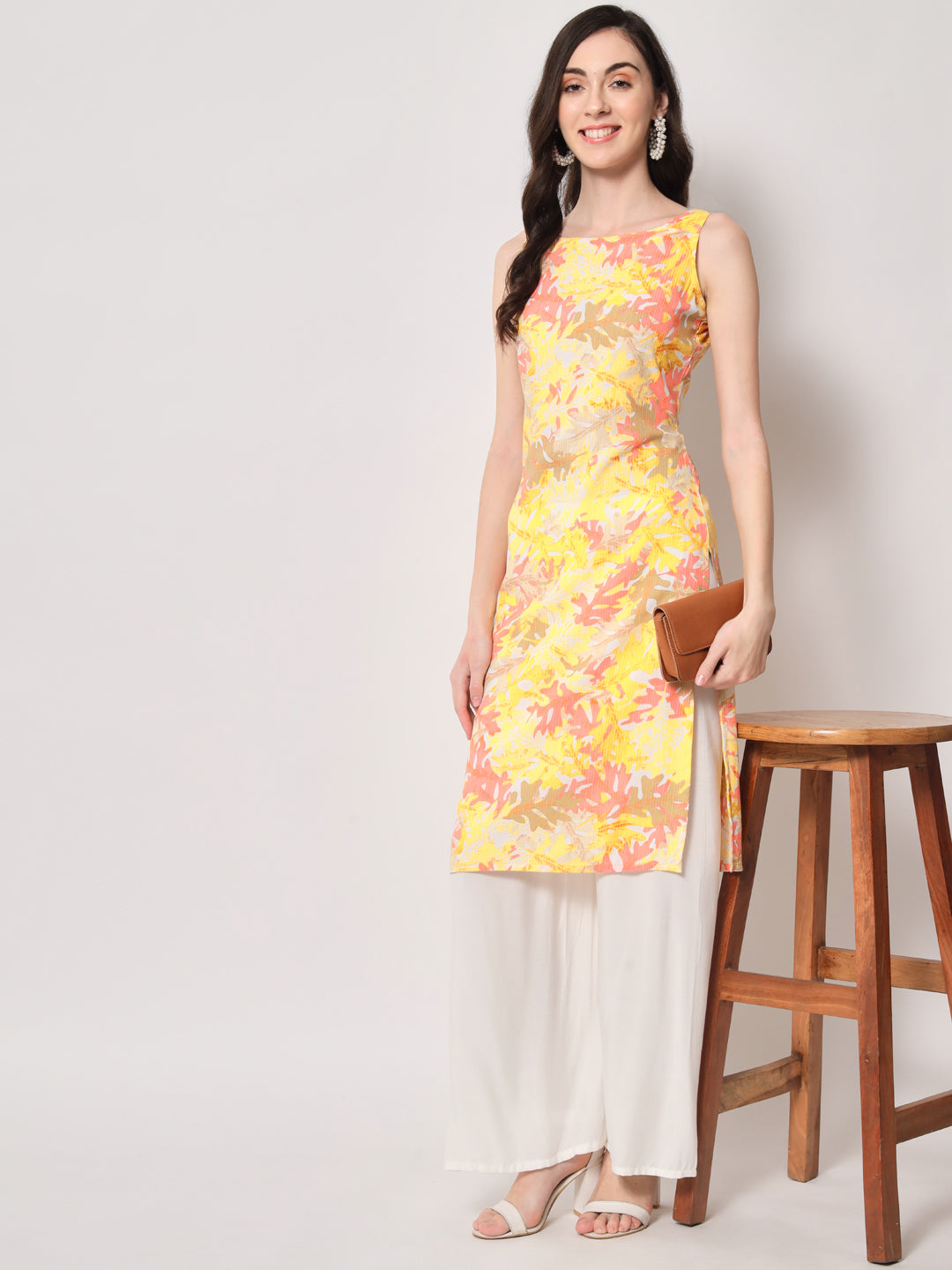 Boat Neck Yellow Flower Printed Sleeve less kurta