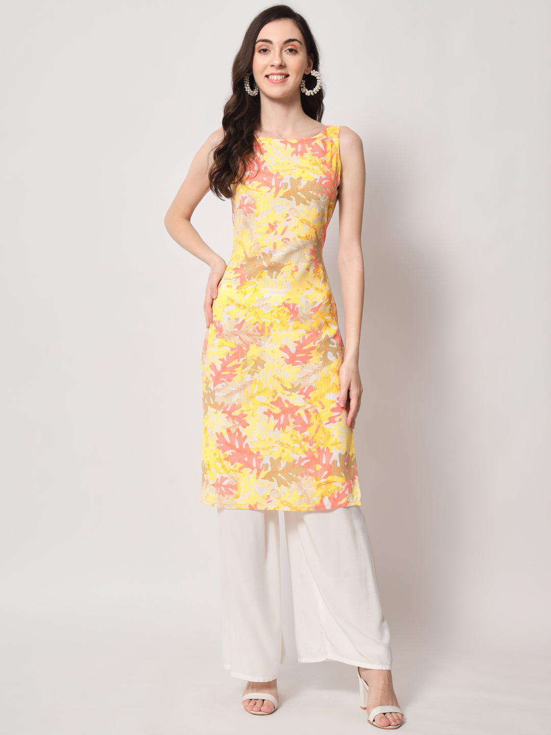 Boat Neck Yellow Flower Printed Sleeve less kurta