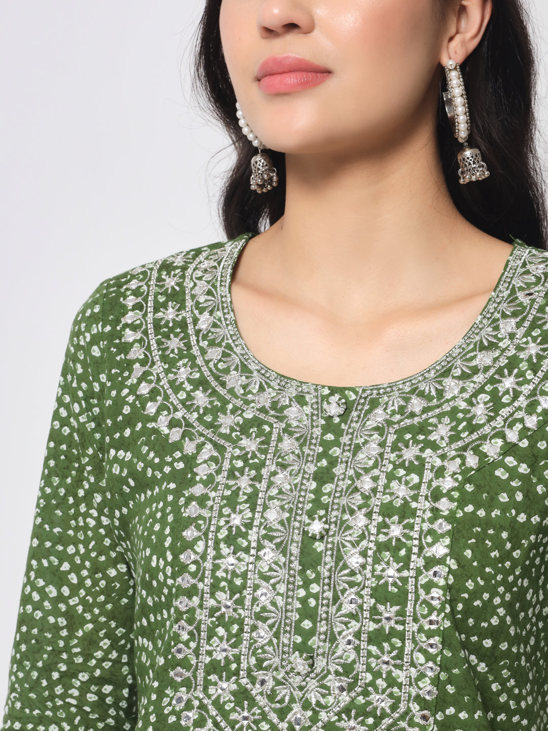 Bandhej Printed Straight Embroidered Cotton Kurta with Trouser