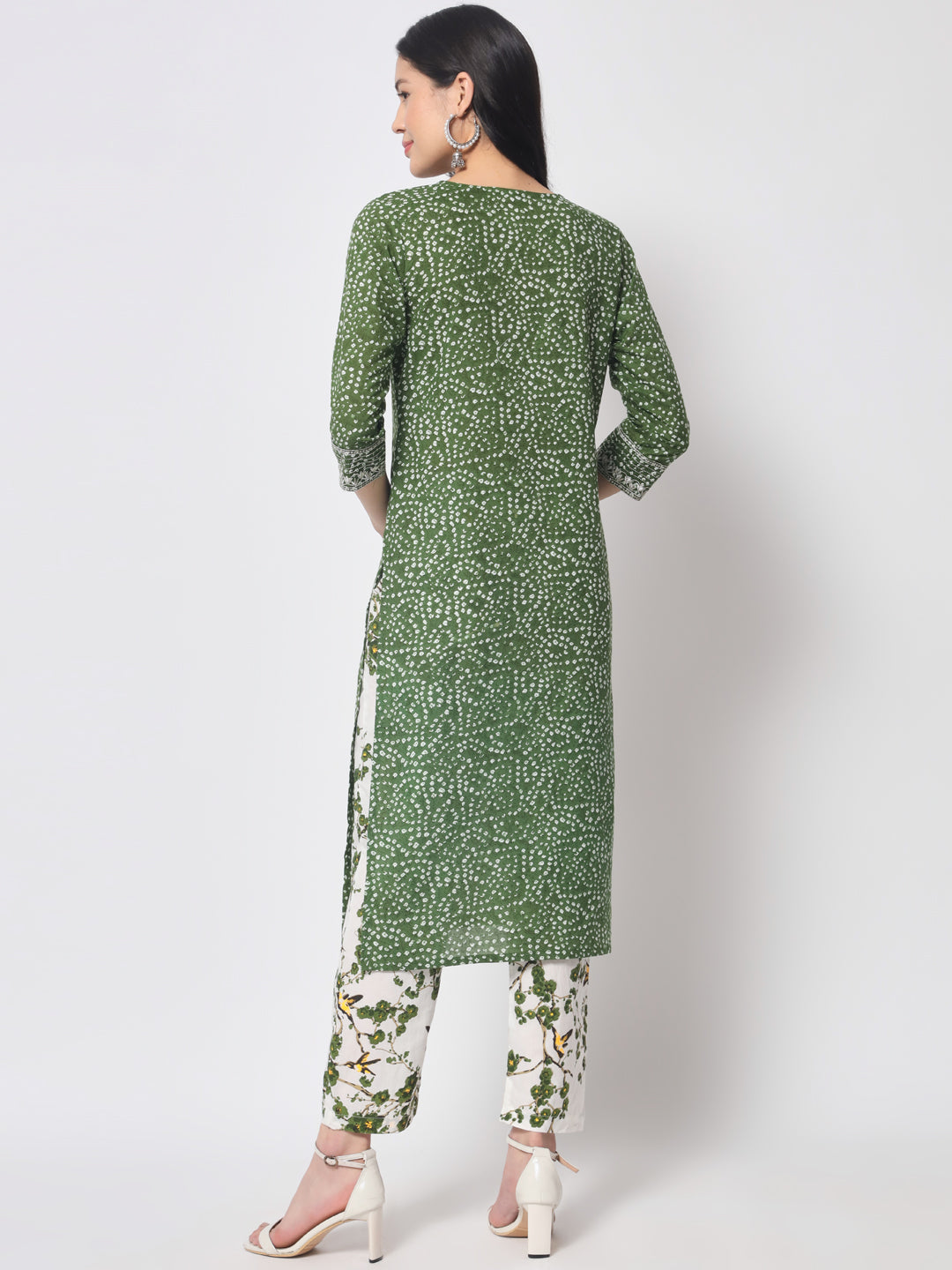 Bandhej Printed Straight Embroidered Cotton Kurta with Trouser