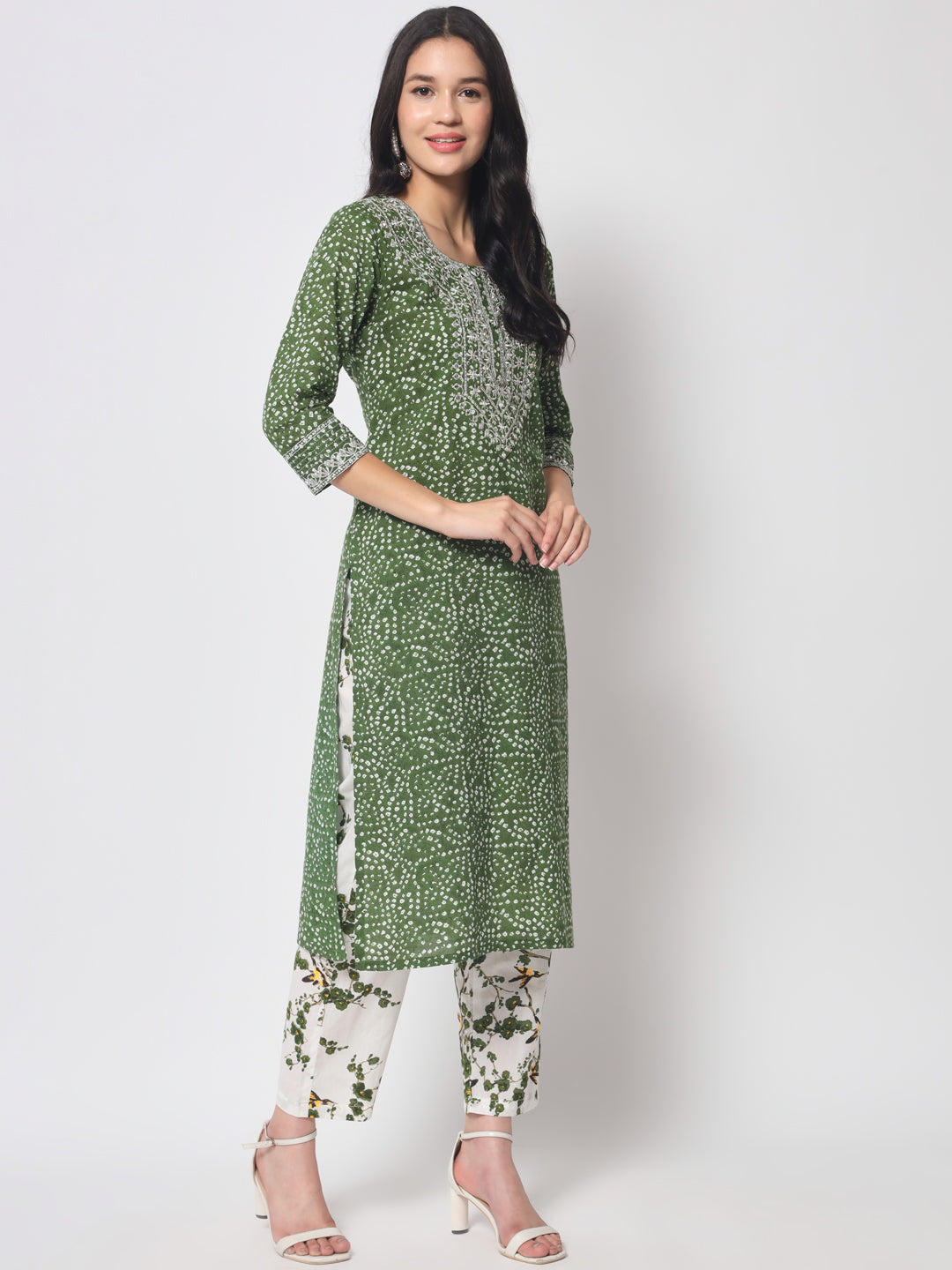 Bandhej Printed Straight Embroidered Cotton Kurta with Trouser
