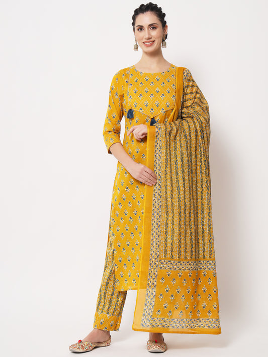 Yellow Booti Printed Zari Work Straight Kurta with Pant & matching Dupatta