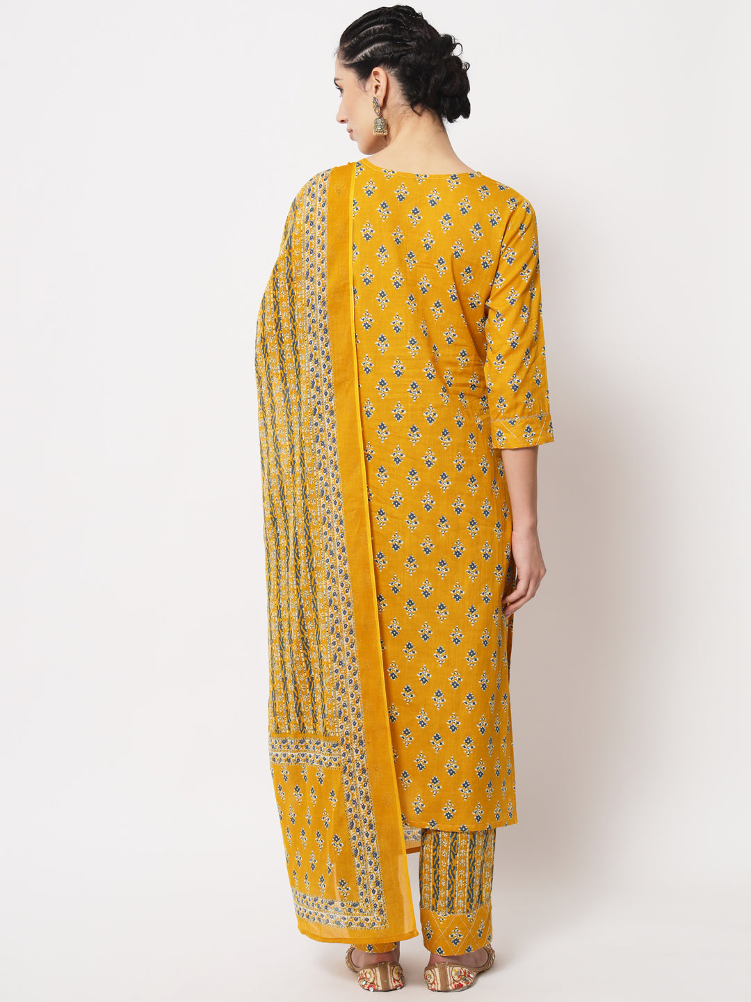 Yellow Booti Printed Zari Work Straight Kurta with Pant & matching Dupatta