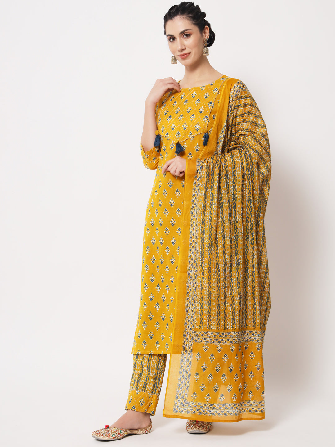 Yellow Booti Printed Zari Work Straight Kurta with Pant & matching Dupatta