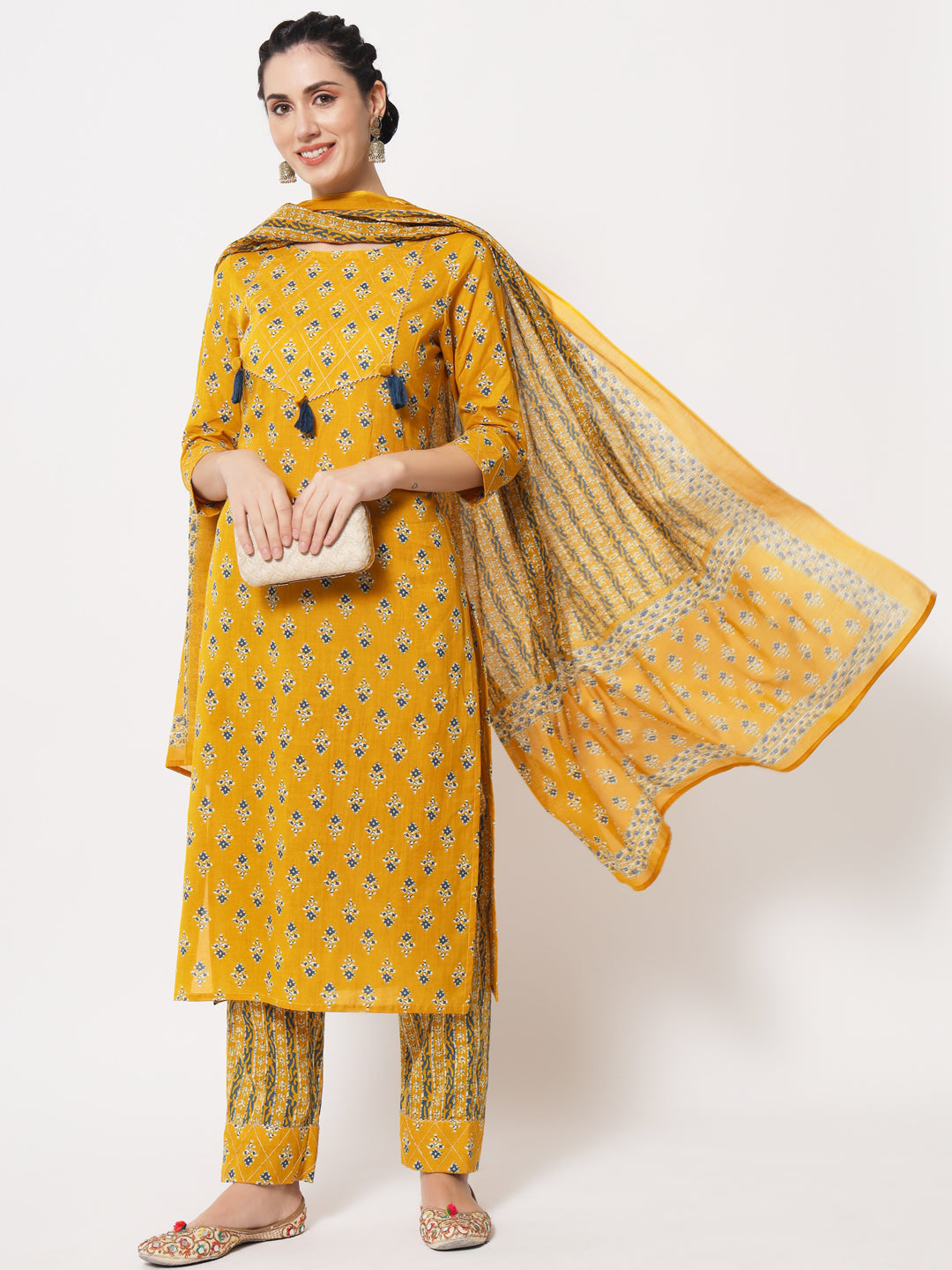 Yellow Booti Printed Zari Work Straight Kurta with Pant & matching Dupatta