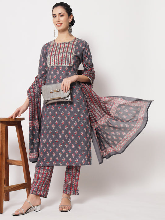Grey Booti Printed Gota Straight Kurta with Pant & matching Dupatta