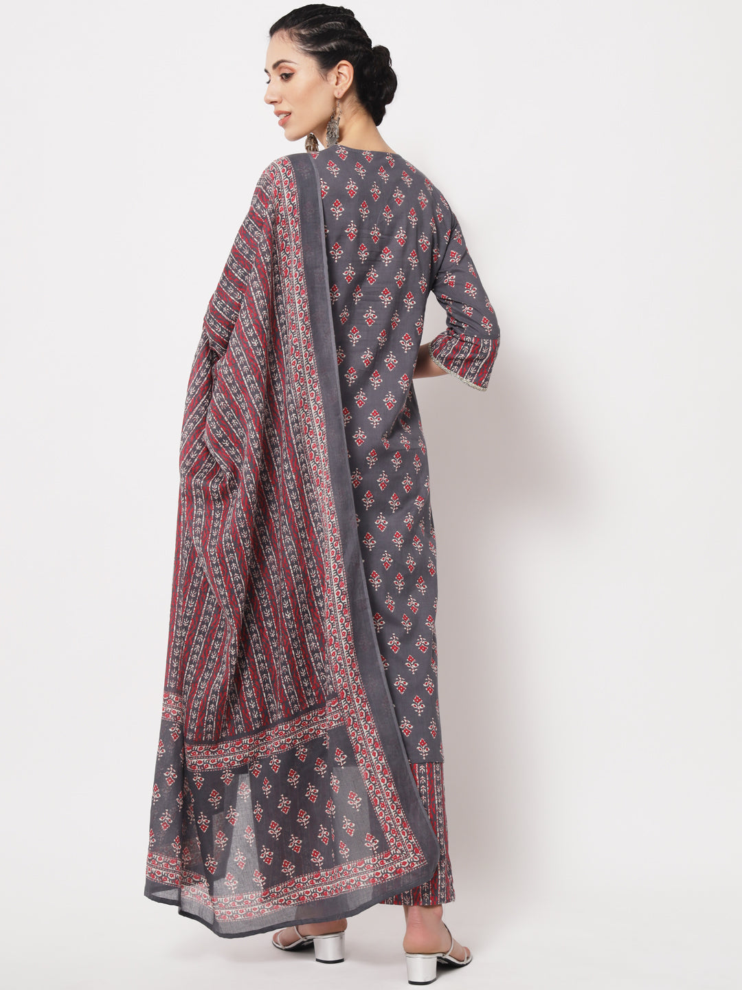 Grey Booti Printed Gota Straight Kurta with Pant & matching Dupatta