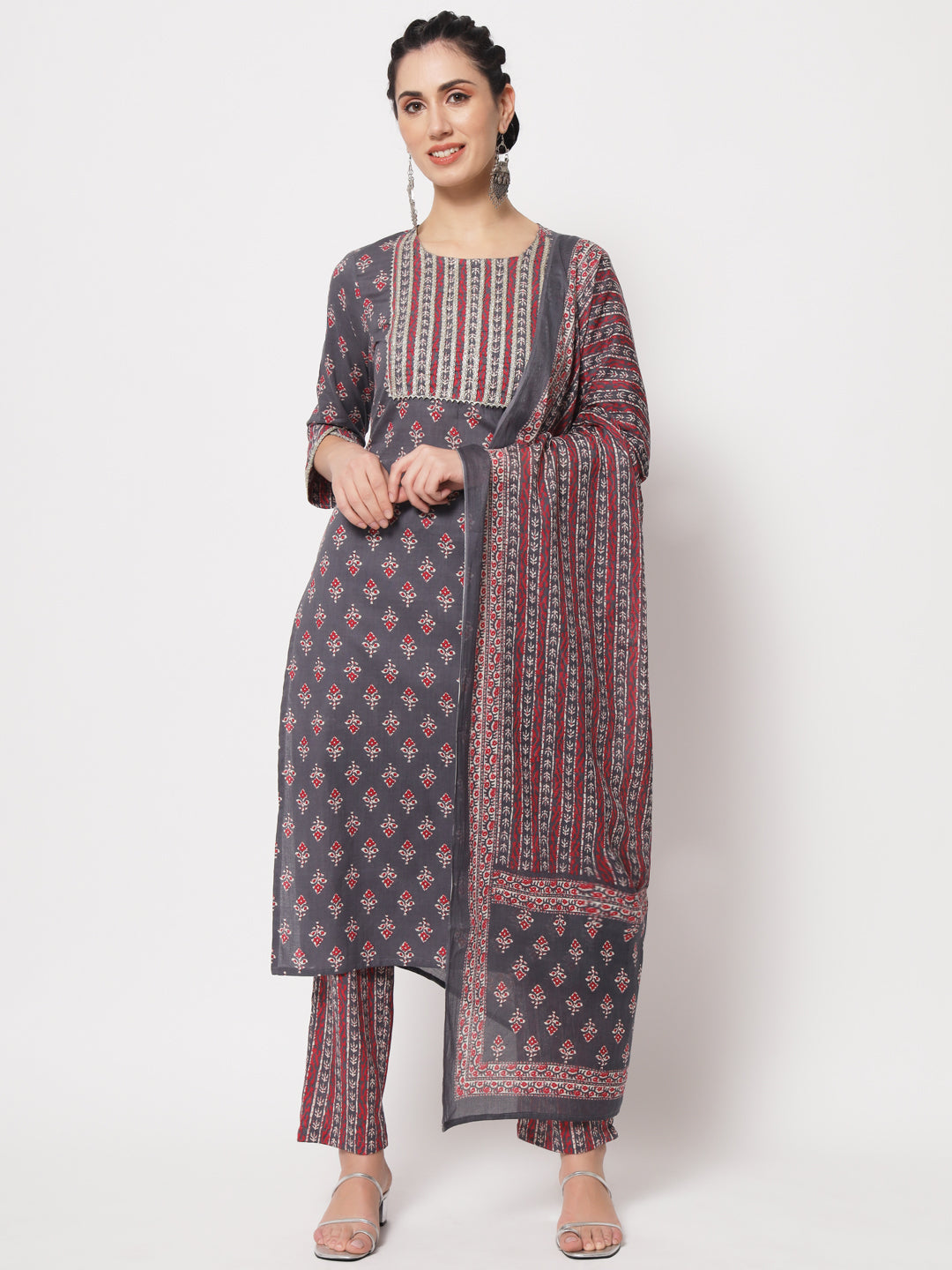Grey Booti Printed Gota Straight Kurta with Pant & matching Dupatta
