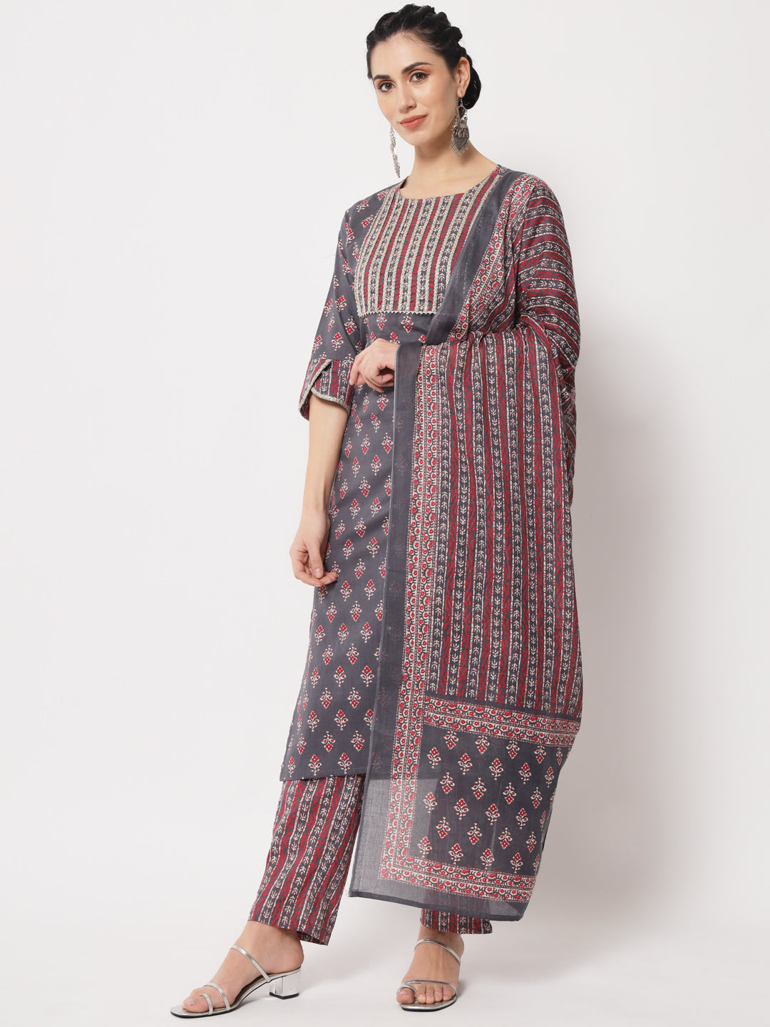 Grey Booti Printed Gota Straight Kurta with Pant & matching Dupatta