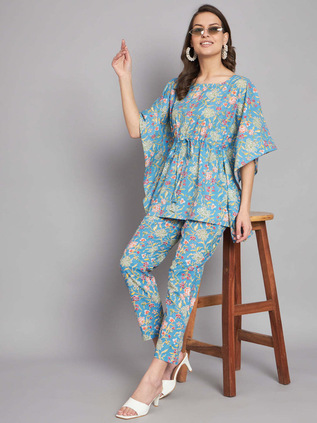 Sky Blue Floral Printed Kaftan Co-Ord Set