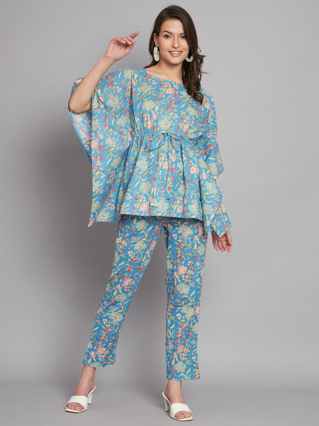 Sky Blue Floral Printed Kaftan Co-Ord Set