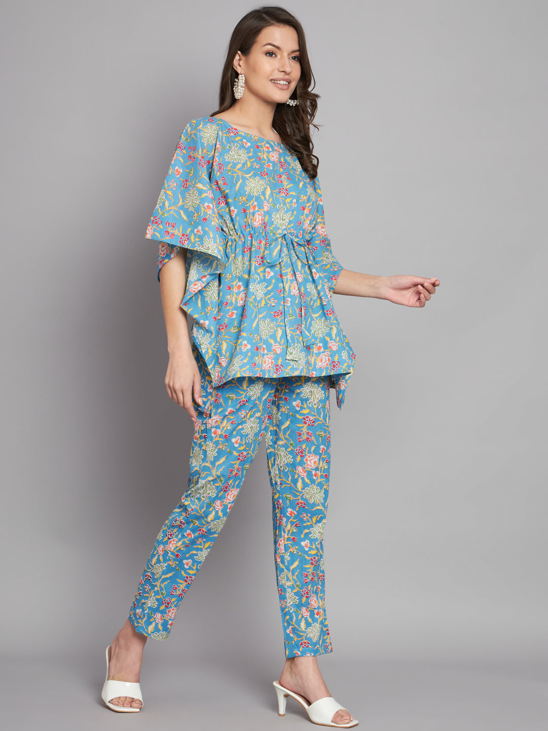 Sky Blue Floral Printed Kaftan Co-Ord Set