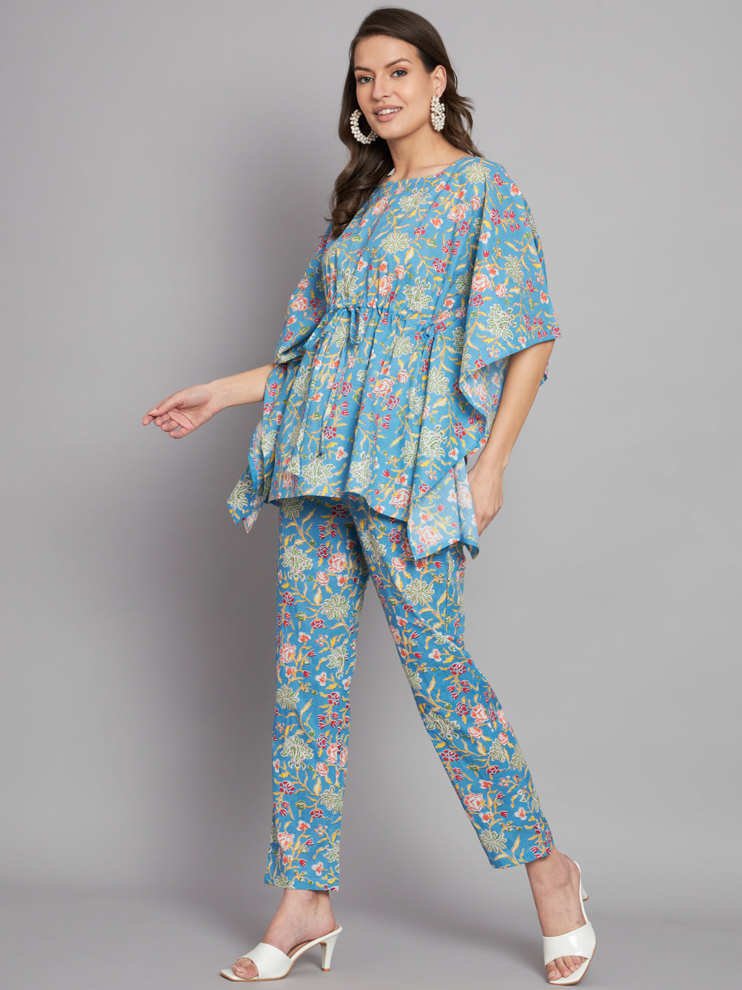 Sky Blue Floral Printed Kaftan Co-Ord Set
