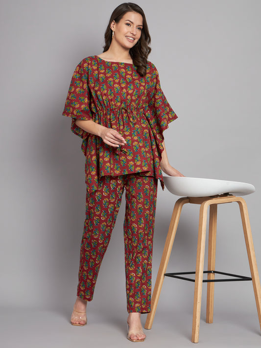 Booti Printed Maroon Kaftan Co-Ord Set