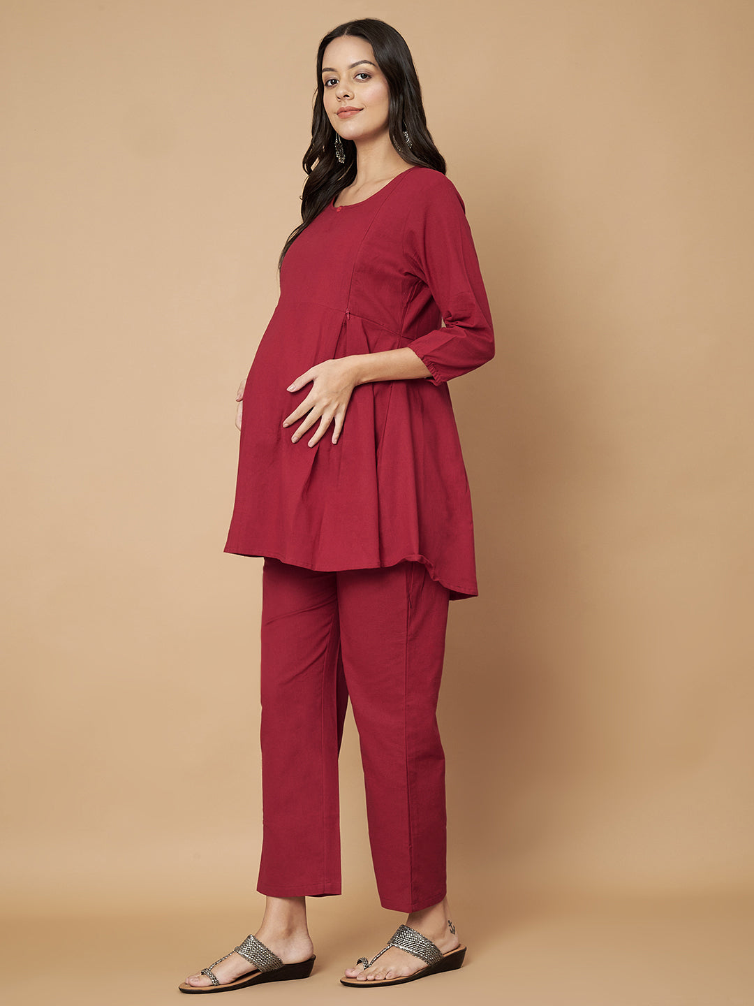 Solid Maroon Maternity Co-Ord Set with Zip