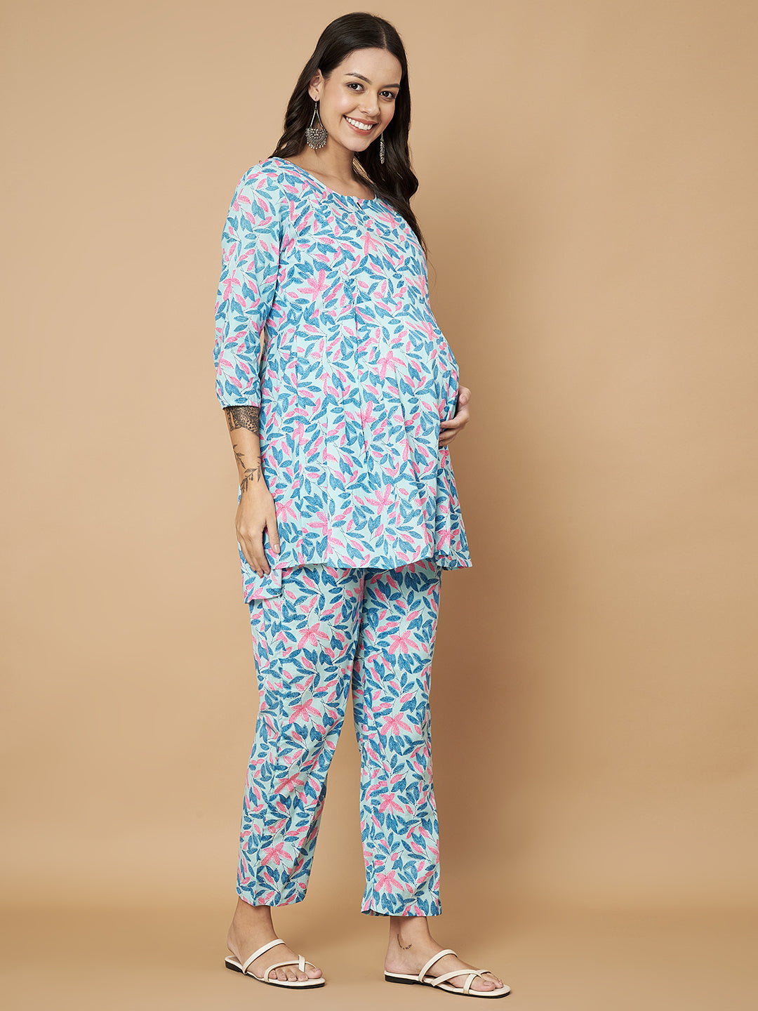 Sky Blue Floral Printed Maternity Co-Ord Set with Zip